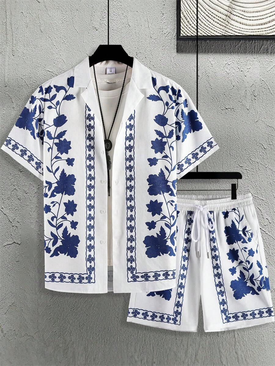 Ensemble de 2 pièces pour homme : shorts à cordon de serrage avec boutons col de chemise, imprimé porcelaine, pour l'été