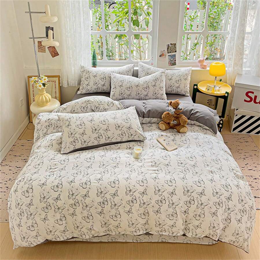 4 Peças Conjunto de Roupa de Cama (1 peça Capa de Edredon, 1 peça Lençol, 2 peças Fronhas Sem Enchimento), Conjunto de Roupa de Cama Macio e Aconchegante, Capa de Edredom Impressa em Padrão Floral Fofo, Opções de Tamanho Múltiplas, Destacável e Lavável, Adequado para Quarto e Hotel, Todas as Estações