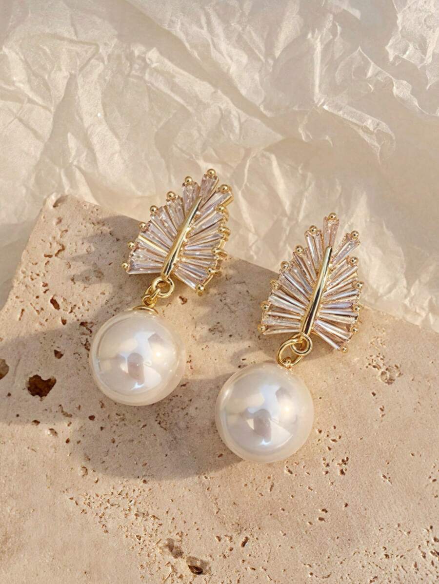 1 pereche de cercei cu perle artificiale rafinate cu design de frunze, cercei eleganti pentru mireasa, pentru nunta, cadou de petrecere, accesorii stralucitoare, bijuterii