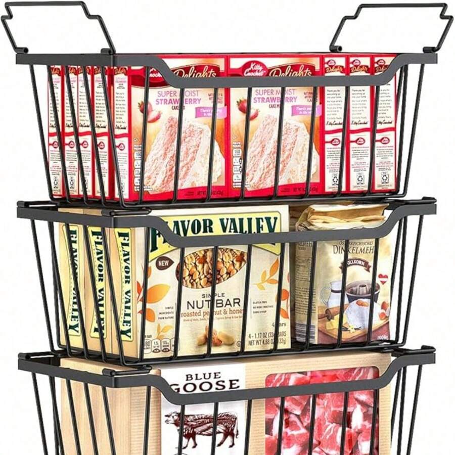 4 Pack Stackable Chest Freezer Organizer For 5-7 Cu.FT Deep Freezer Sort Frozen Meats And Food, Freezer Storage Baskets With Handles Easy Reach From Bottom, Black