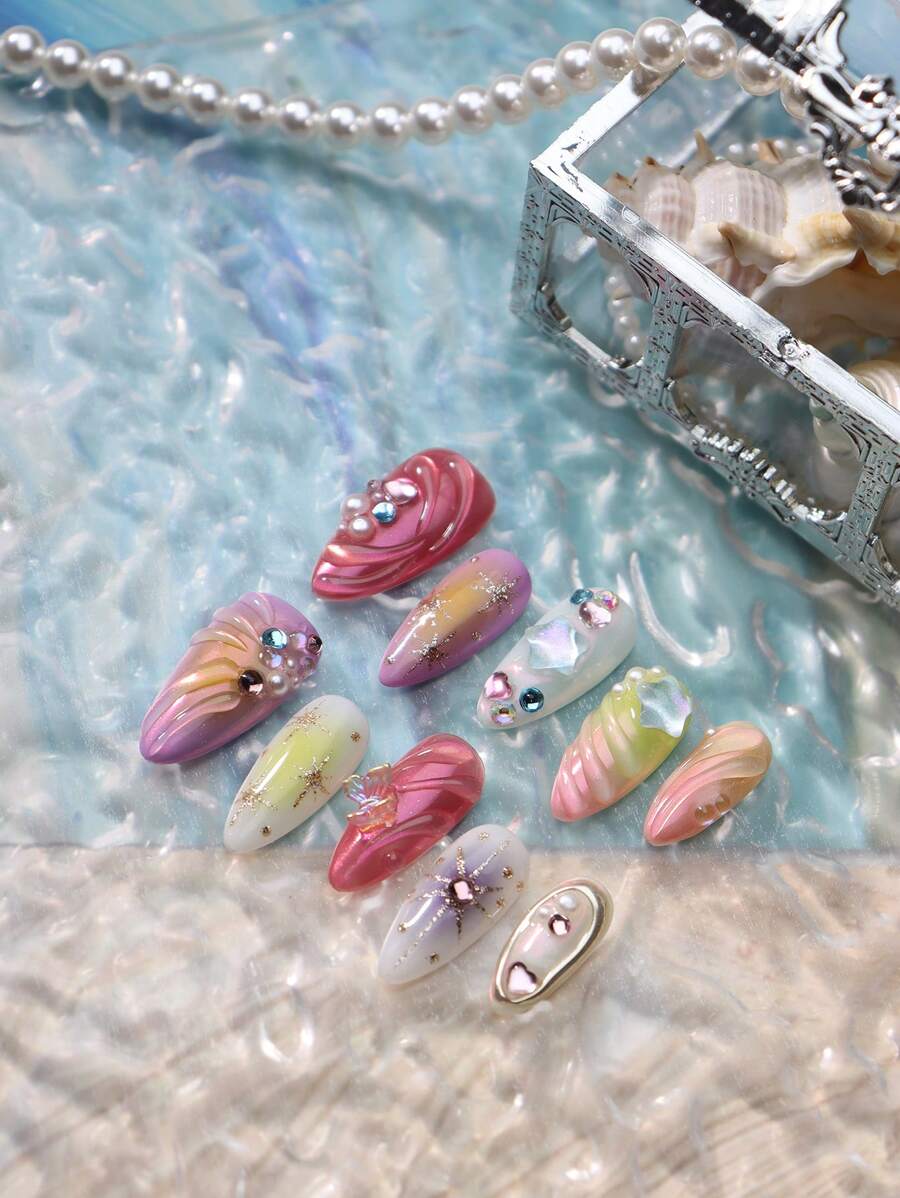 Get Romantic With 10pcs Almond Handmade Summer Beach Coral Pink Miss Mermaid Boho Princess Fake Nail Set Vanity Colorful Star Gradient Yellow 3d Three-Dimensional Decoration Mermaid Pearl Y2K European Style Full Cover Acrylic Press On Nails Kit For Women And Girls With 1pc Mini Nail File & 1 Sheet Adhesive Tabs