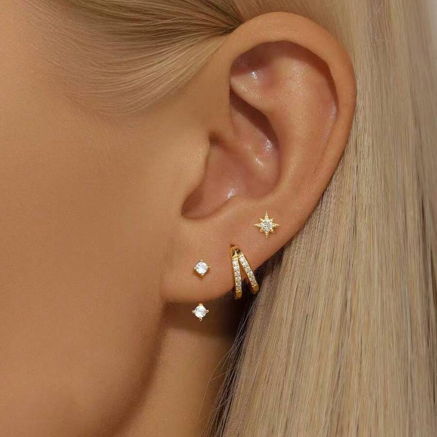 3 pièces Ensemble de boucles d'oreilles créoles en acier inoxydable pour femmes, plaqué or 18 carats, boucles d'oreilles rondes Huggie avec zirconium en forme d'étoile, bijoux de mariage