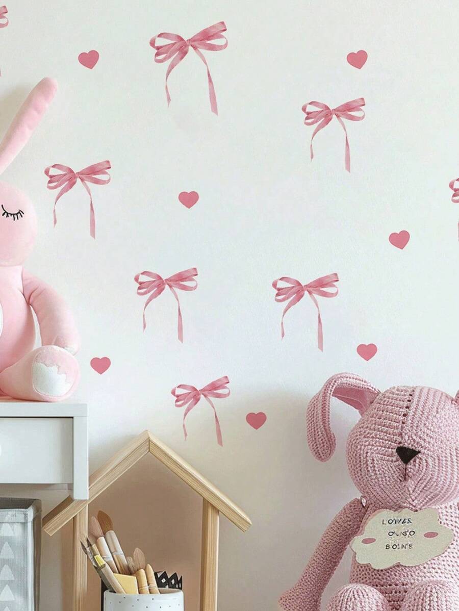 Pink & Blue Bow Wall Decals - PVC Self-Adhesive Removable Stickers With Hearts & Polka Dots For Nursery, Kids' Room, Bedroom, And Playroom Decor