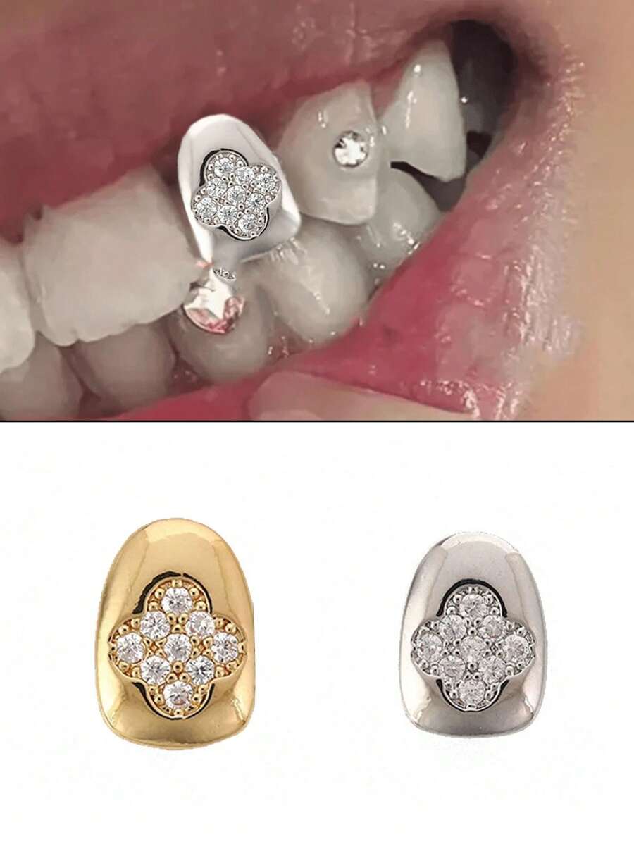 1 pièce Grillz de style hip hop élégant en bronze avec des pierres en zircone étincelantes, cadeau de fête d'Halloween ; Accessoire de vampire