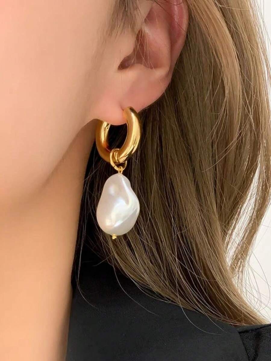 1 Pair Elegant Asymmetrical Baroque Faux Pearl Earrings, Fashion Alloy With Stainless Steel Post, Suitable For Daily Wear And Vacation, Ideal Mother's Day Gift - Fits All Seasons