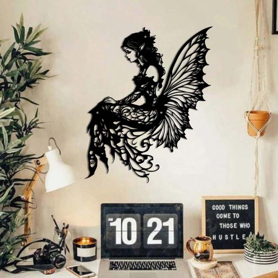 1 pièce sculpture murale en métal de style art déco représentant une fée - décoration murale pour jardin et patio, art mural en silhouette de fer pour salon, balcon, espaces extérieurs