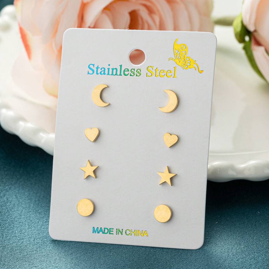 4 paires / lot Boucles d'oreilles géométriques en acier inoxydable mode, en forme de coeurs, de lune et rondes. Bijoux pour femmes, cadeaux pour fête, amis, mariage