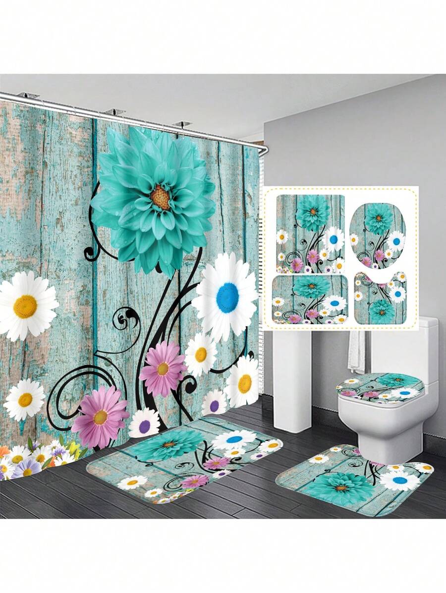 1 Stück / 4 Stücke farbenfrohe abstrakte Blumen Kunstwerke Multifunktions Badezimmer wasserdichter Duschvorhang mit 12 Haken, rutschfeste Badmatte, U-förmige Toilettenvorlage und runde Toilettendeckelabdeckung, Badezimmer Set für alle Szenarien Schulanfang