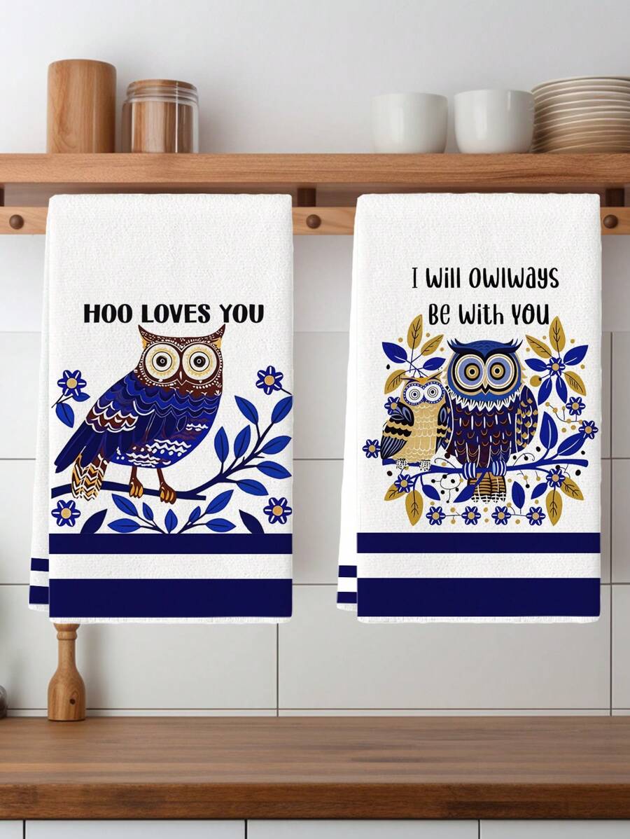 2Pcs Kitchen Towels Owl Leaf Pattern Owls On Branches Farmhouse Dish Towel Kitchen Dishwashing Hand Tea Towel Kitchen Drying Dish Towel Suitable For Kitchen Restaurant Dining Table