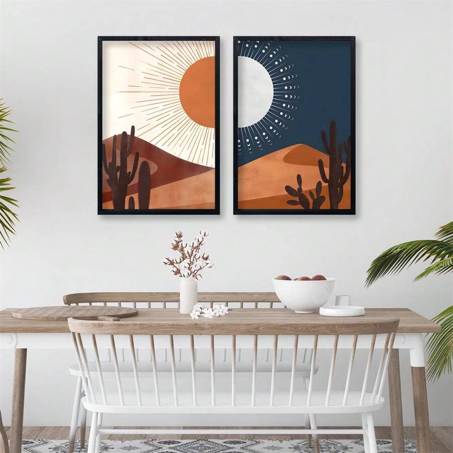 2pcs Sun And Moon Cactus Desert Landscape Wall Art Decor Modren Farmhouse Living Room Botanical Prints Bedroom Boho Multicolor MinimalNO Frame