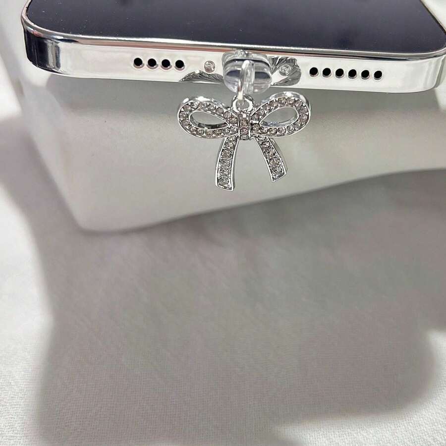 1pc Metal Rhinestone Bow Charm/Phone Charging Port Dust Plug/Decoration Pendant/Compatible With Iphone/Type-C/Android Plug