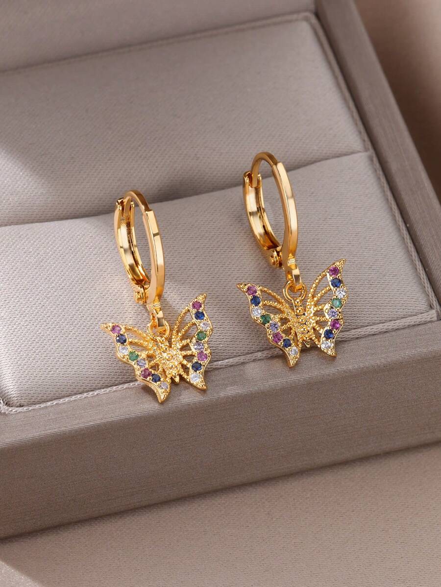 Colorful Cubic Zirconia Butterfly Stainless Steel Earrings For Women, Dainty 18k Gold-Plated Anti Fading Earring, Vintage Wedding Jewelry Beach Vacation Waterproof Accessories , Gifts For Mom/Daughter/Best Friends
