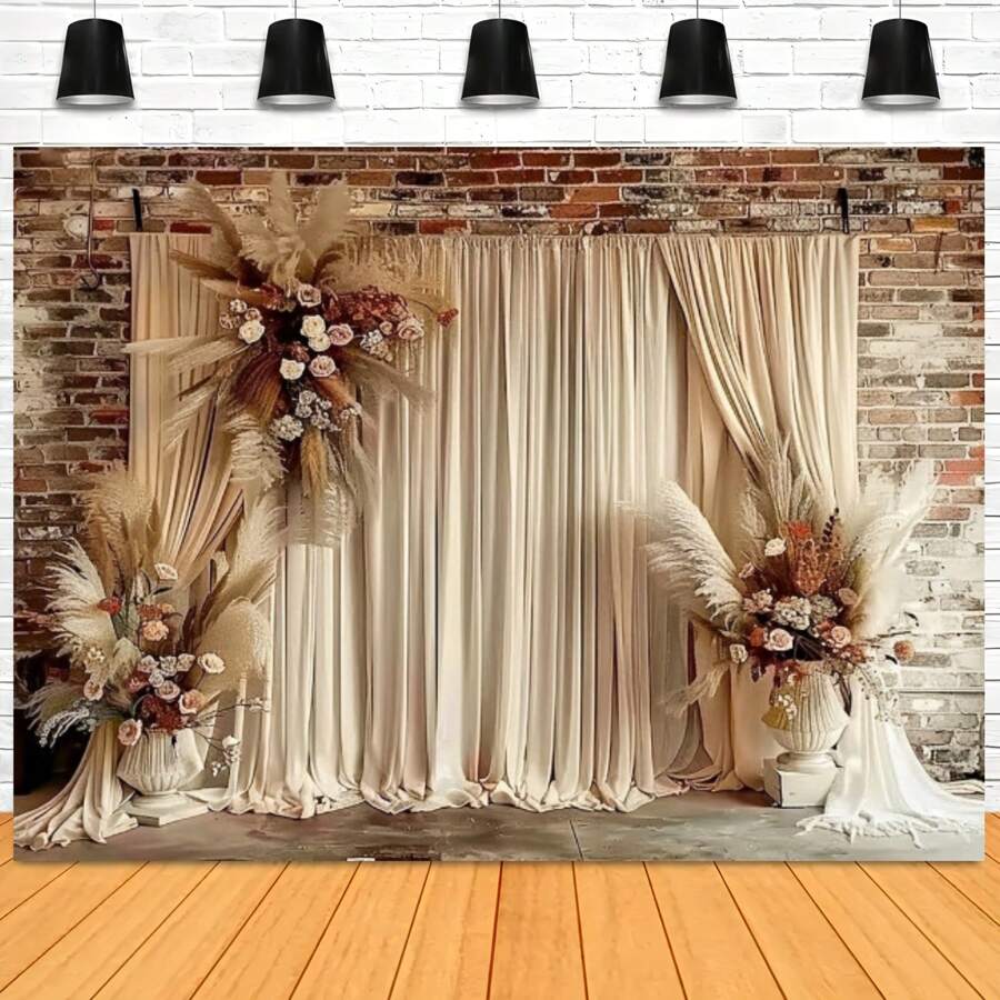 1pc Bohemian Style Wedding Photography Background Vintage Brick Wall Beige Floral Curtains Decor Wedding Studio Photography Background Decoration Banner Vinyl