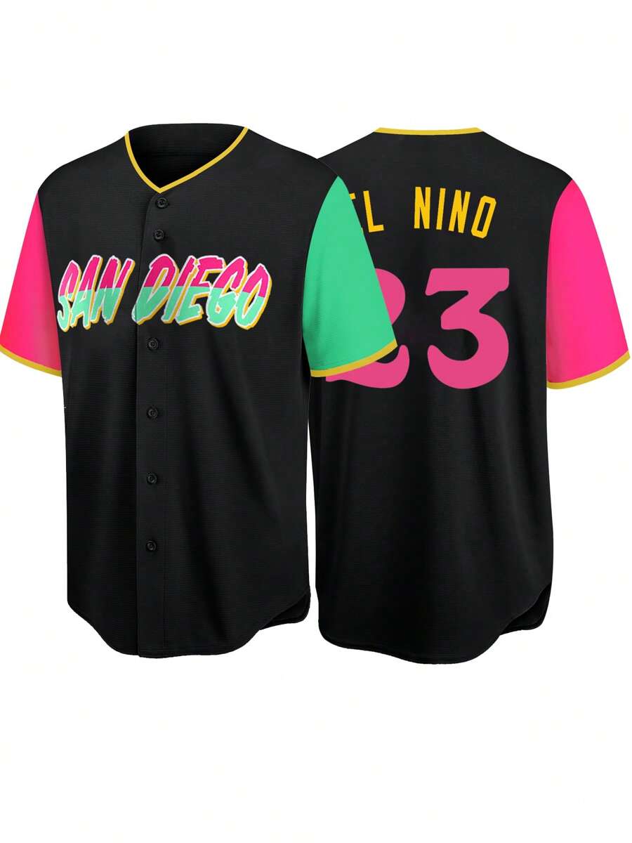 Men's Embroidery Baseball Jersey 23 Black Casual Short Sleeve V-Neck Button T-Shirts Party Sports Top