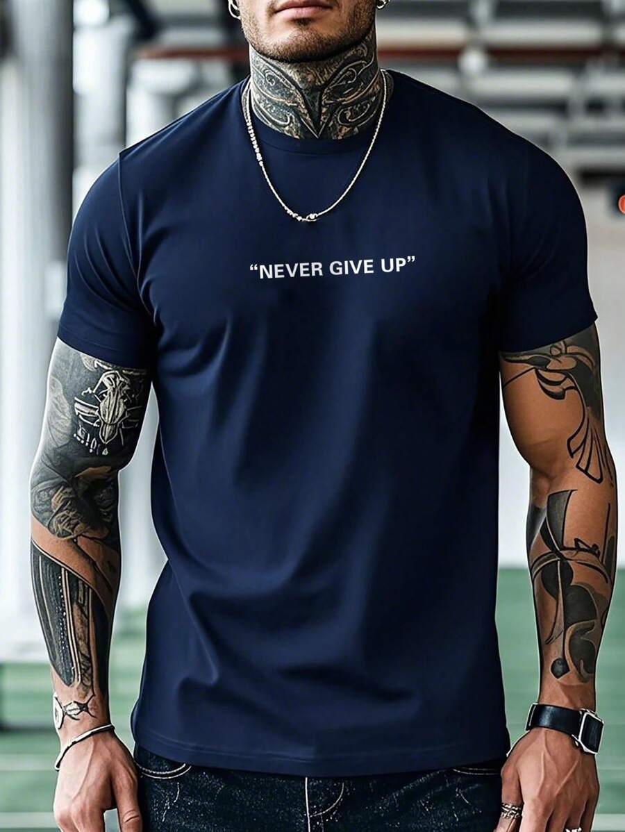 Men's Slogan Print Round Neck Short Sleeve Casual T-Shirt