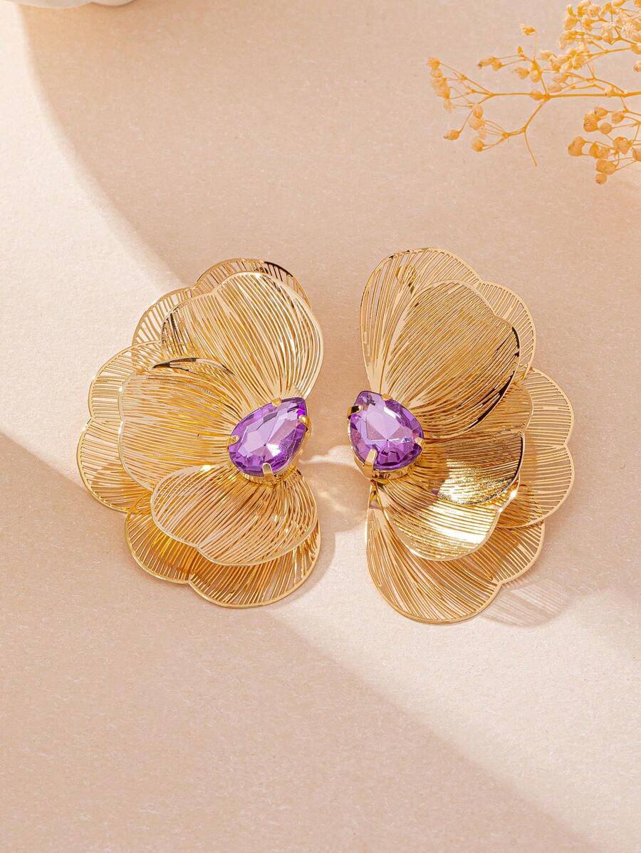 1 par de pendientes elegantes y vintage de metal dorado con múltiples capas, diseño texturizado de flores y piedras preciosas falsas, adecuados para uso diario, fiestas y vestimenta de noche, elegantes y lujosos