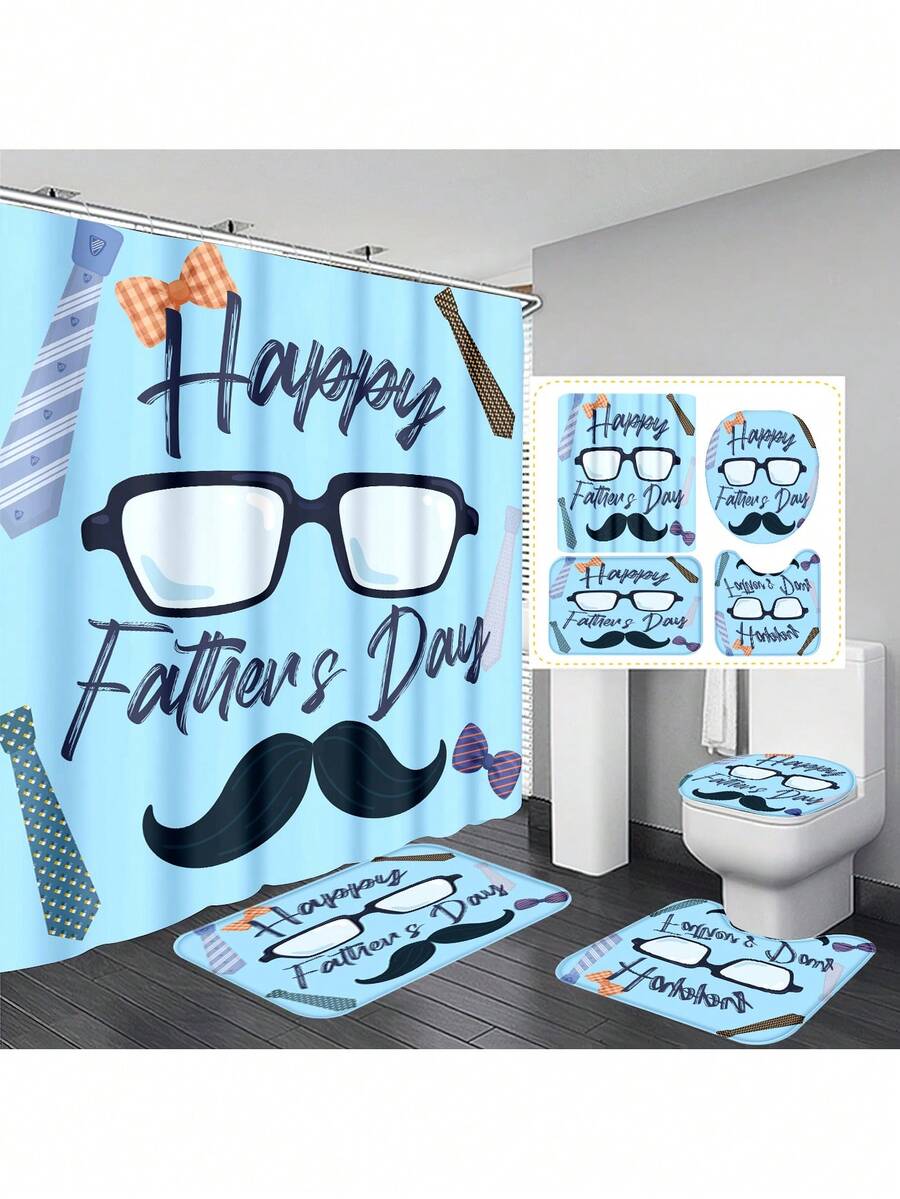 1pc/4pcs Father's Day Printed Multipurpose Bathroom Decor Set - Waterproof Shower Curtain With 12 Hooks, Slip-Resistant Bath Mat, U-Shape Toilet Mat, Round Toilet Lid Cover, Suitable For All Bathroom Scenarios Back To School