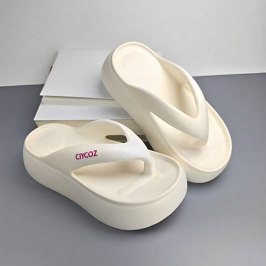 Women's Spring/Summer Thick Sole 6cm Wedge Flip Flops, Elevated, Wear-Resistant, Anti-Slip, Beach Holiday, Casual Fashion Sandals, Minimalist, Comfortable, Durable, Colorful Letter Decor, Slip-On