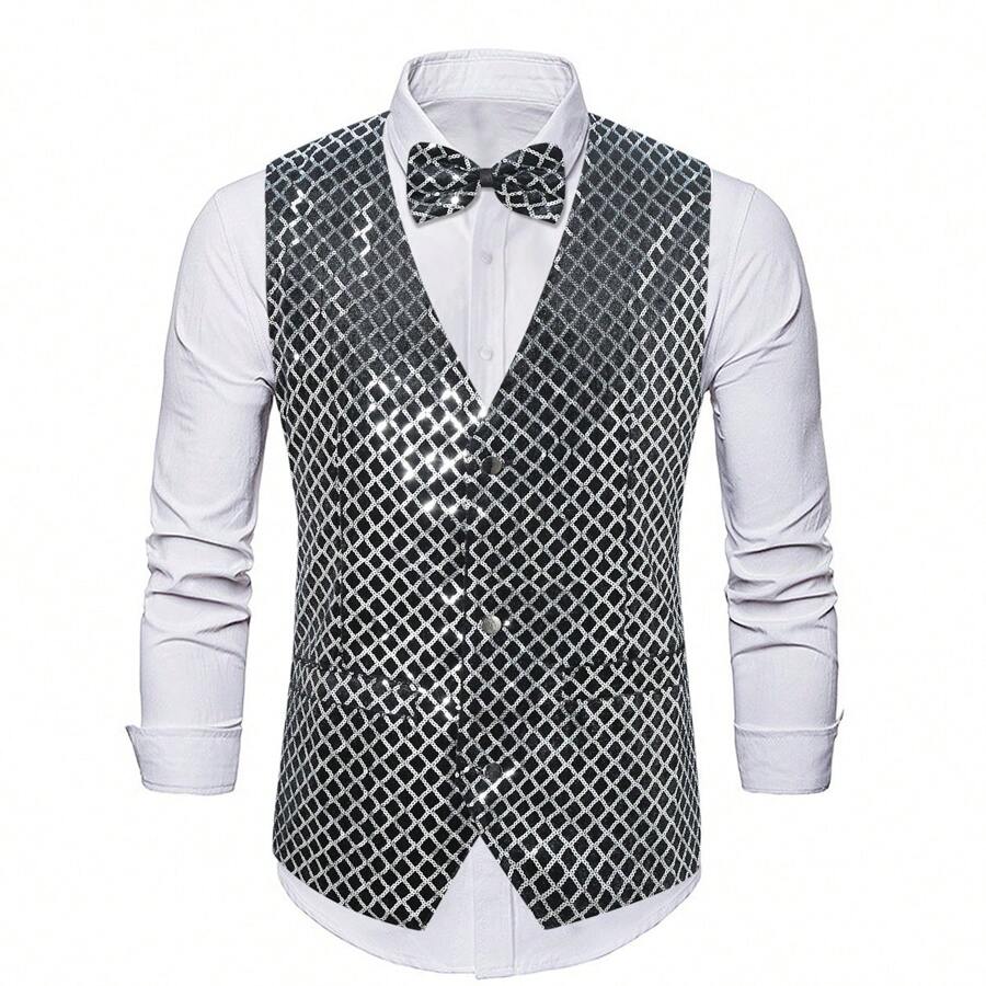 Gilet senza maniche luccicante con paillettes, costume da palcoscenico, giacca con fiocco per bar e discoteche, addetto alla reception