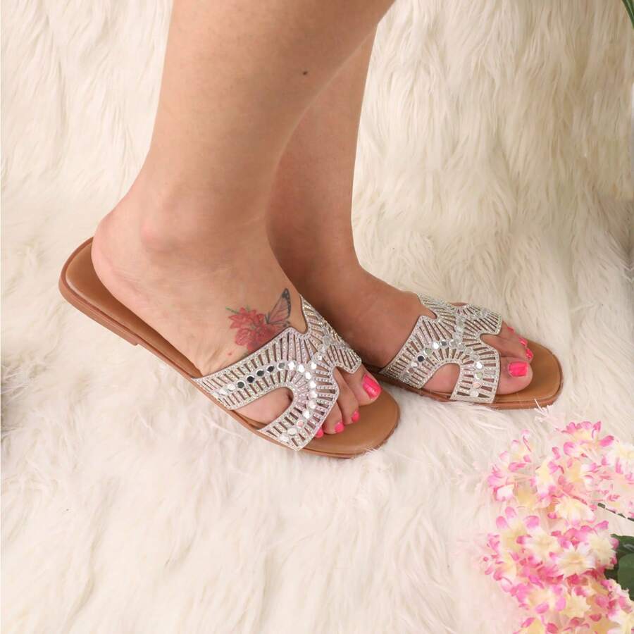 CHARM-37 WOMAN SANDAL OPEN TOE SLIP ON FLAT HEL ONE STRAP RHINESTONE EMBELLISHED