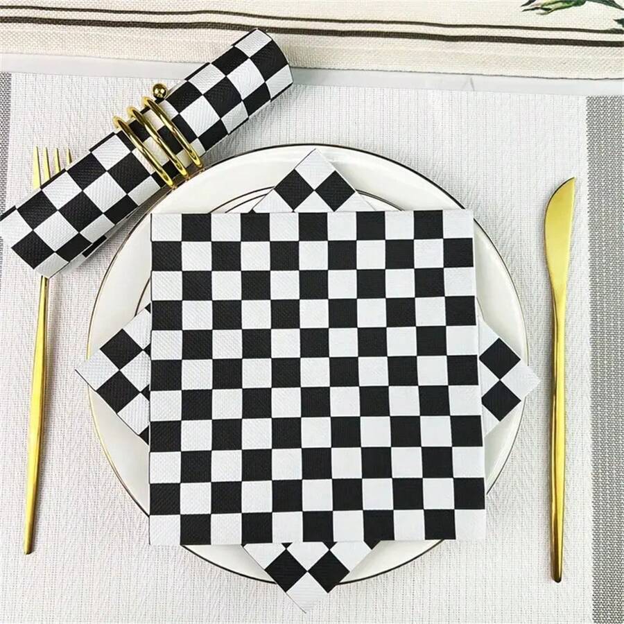 20pcs Black & White Checkered Disposable Napkins - 33.02x33.02 Cm, Perfect For Weddings, Parties, And Holiday Celebrations,Universal Holiday General Fit ,Checkered Flag Napkins Race Car Birthday Party Supplies Disposable Racing Party Napkins