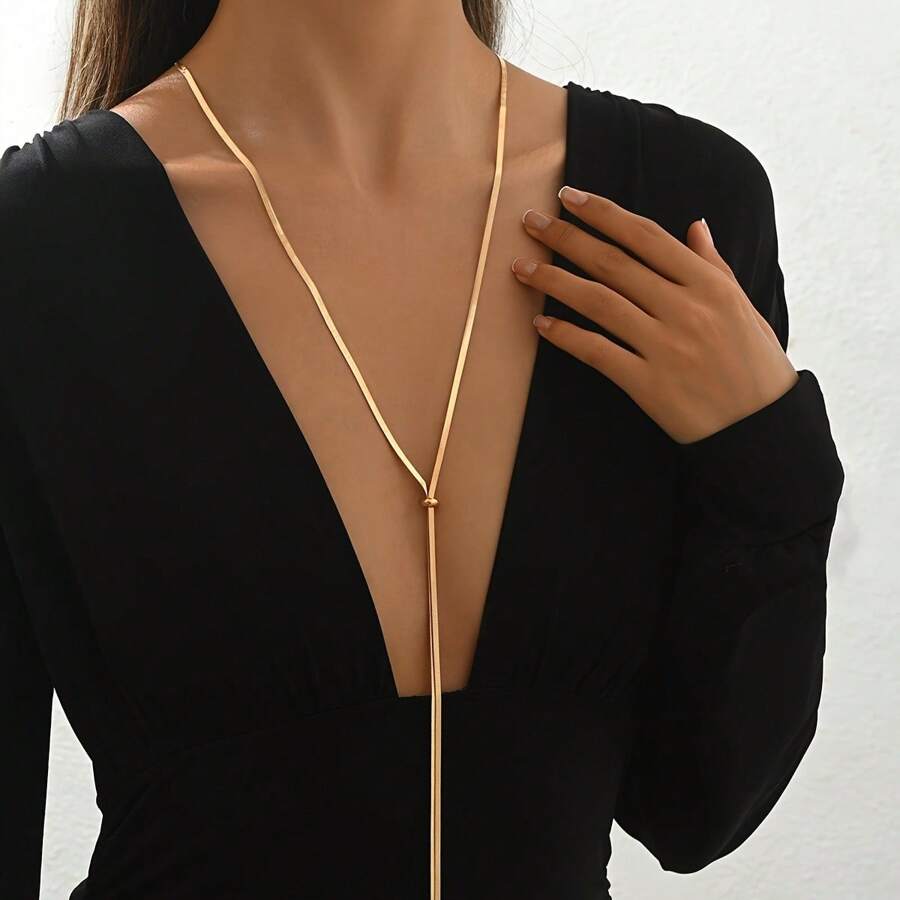 1 pieza Collar largo en Y, de acero inoxidable chapado en oro de 18 quilates, ajustable, incoloro, collar de suéter con cordón simple, personalizado, hueso de serpiente plano, collares de mujer, collares de oro, de alta gama, de moda, collares de hueso de serpiente con borla, adecuado para uso diario, vacaciones, citas, regalos, Ramadán, Día de la Madre, Día del Padre, Eid al-Adha, Navidad, Halloween, San Valentín, Año Nuevo