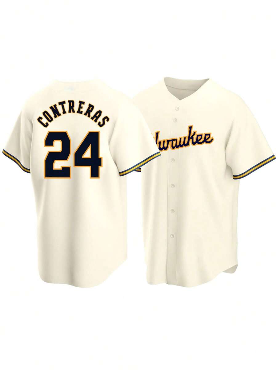 Men's Embroidery Baseball Jersey 24 Beige Casual Short Sleeve V-Neck Button T-Shirts Party Sports Top