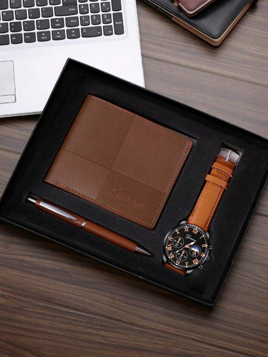Gift Set: Classic Business Quartz Watch + Pen + Wallet + Gift Box, Wedding Gift, Birthday Gift, Gift For Lover, Father, Teacher, Company Anniversary, Employee, Business Men