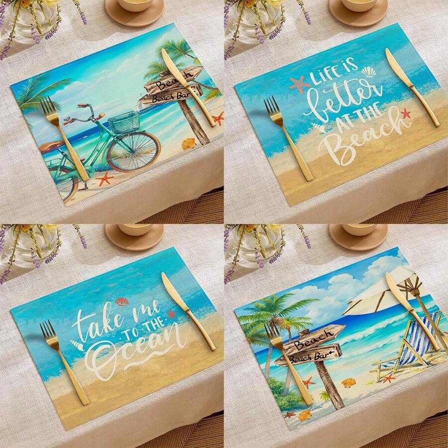 1pc/4pcs/6pcs Summer Decorative Placemats, Bicycle, Starfish, Coconut Tree, Letter Linen Placemats, Dirt-Resistant Placemats, Suitable For Home, Restaurant, Dining Table Decor, Household Supplies