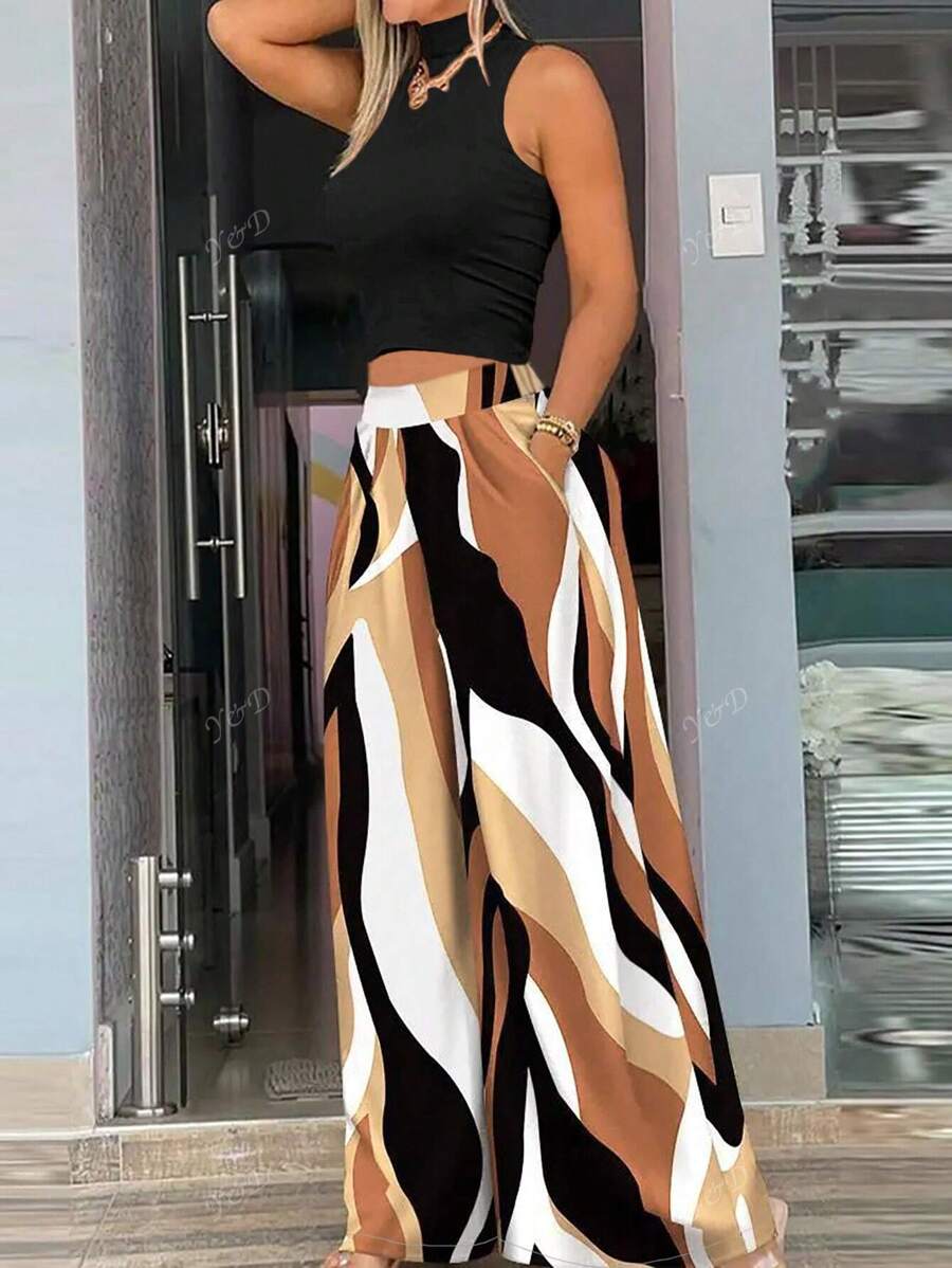 Conjunto de dos piezas de estilo casual de vacaciones, con top de punto de cuello medio alto con patrón de ondas y pantalones de pierna ancha tejidos
