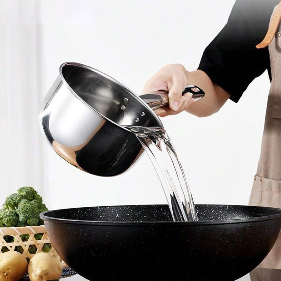 1pc Stainless Steel Thickened Water Scoop, Multi-Functional Long Handle Flat Bottom Large Ladle For Kitchen