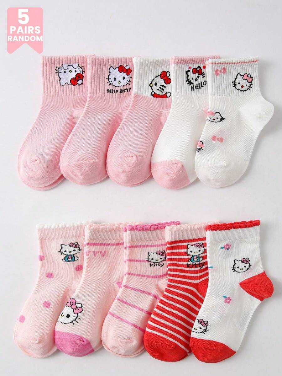 5 Pares de Meias para Crianças, Meias Curtas com Estampa Fofa de Gatinho Rosa Cartoon para Meninos/Meninas, Design de Listras/Laço, Macias, Respiráveis e Confortáveis, Meias Esportivas Casuais Estilosas, Adequadas para Escola, Férias, Presentes de Feriado, Uso Diário (Estilos Variados)