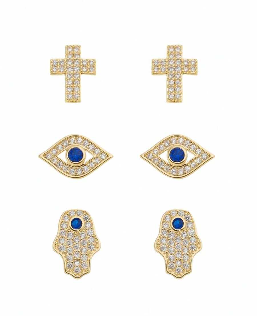 TRIO DE BRINCOS MIA OLHO GREGO MÃO HAMSA E CRUZ FOLHEADO A OURO 18K