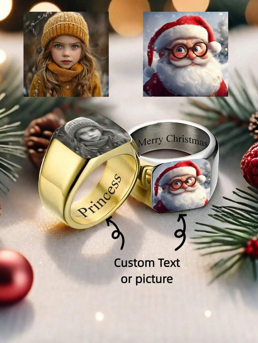 nkeybbon Custom Photo Rings Men's Big Flat Surface Personalized Engraving Text Name
