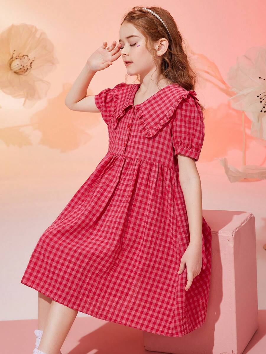 ASK JUNIOR Vestido casual de verano con mangas abullonadas a cuadros para niñas preadolescentes