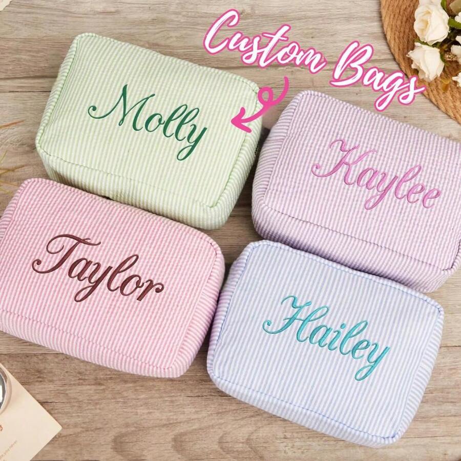 Embroidered Name Makeup Bag, Custom Makeup Bag, Travel Essentials, Corduroy Makeup Pouch Custom, Sanitary Napkin Storage Bag, Bridal Shower Gift,Travel Makeup Bag, Personalized Storage Bag, Makeup Bag, Travel Accessories Multi-Functional,Space-Saving,Letter,Striped Exquisite,Stylish,Tidy,Contracted,Casual,Basics Unique Treasurefinds,Girls Gift,Holiday Gift Ideal Gifts For Her Girlfriend,Family,Friends For Anniversaries