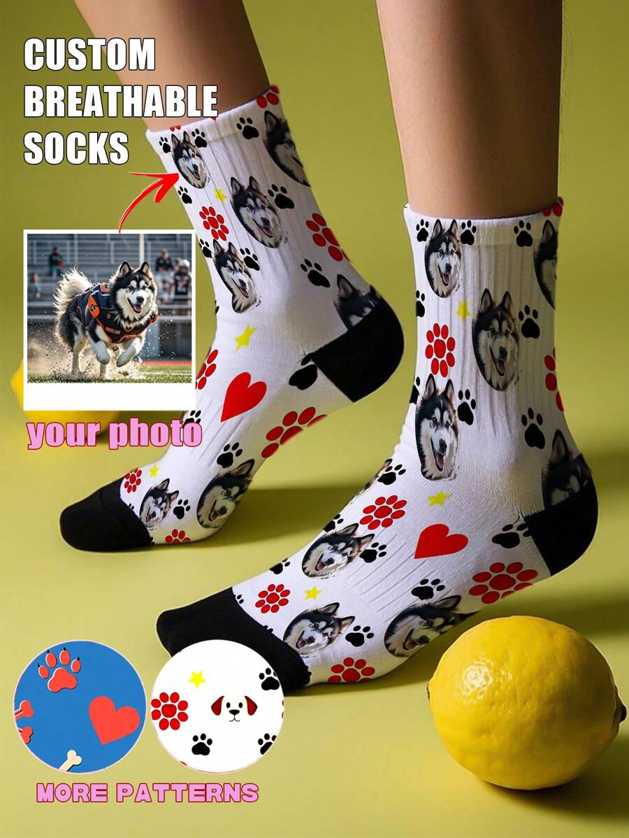 1 paire de chaussettes personnalisées avec impression du visage de l'animal de compagnie, chaussettes avec design de cœur d'animal de compagnie personnalisé, chaussettes décontractées confortables et respirantes, chaussettes de sport minimalistes à la mode, convenant aux activités extérieures, fitness, basketball, course