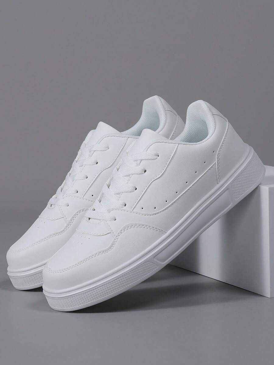 White PU Leather Low-Top Casual Sneakers For Men, Round Toe Lace-Up Flat Bottom Soft Sole Spring/Autumn