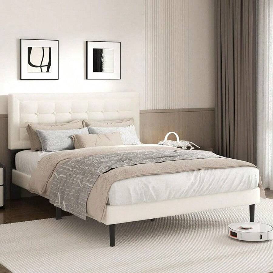 THE Queen Size Bed Frame With Headboard, Platform Bed Frame With Velvet Upholstered Button Tufted Headboard, Wood Slats Support, No Box Spring Needed, Mattress Foundation, Easy Assembly, Pink