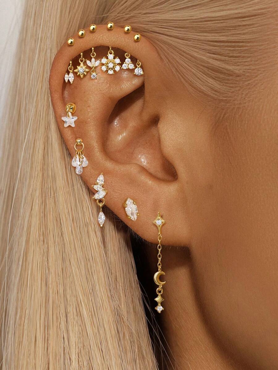 Piercing de cartilagem assimétrico em formato de estrela e bola de prata esterlina 925, joia para mulheres, uso diário, festa de casamento, noivado, aniversário, dia dos namorados