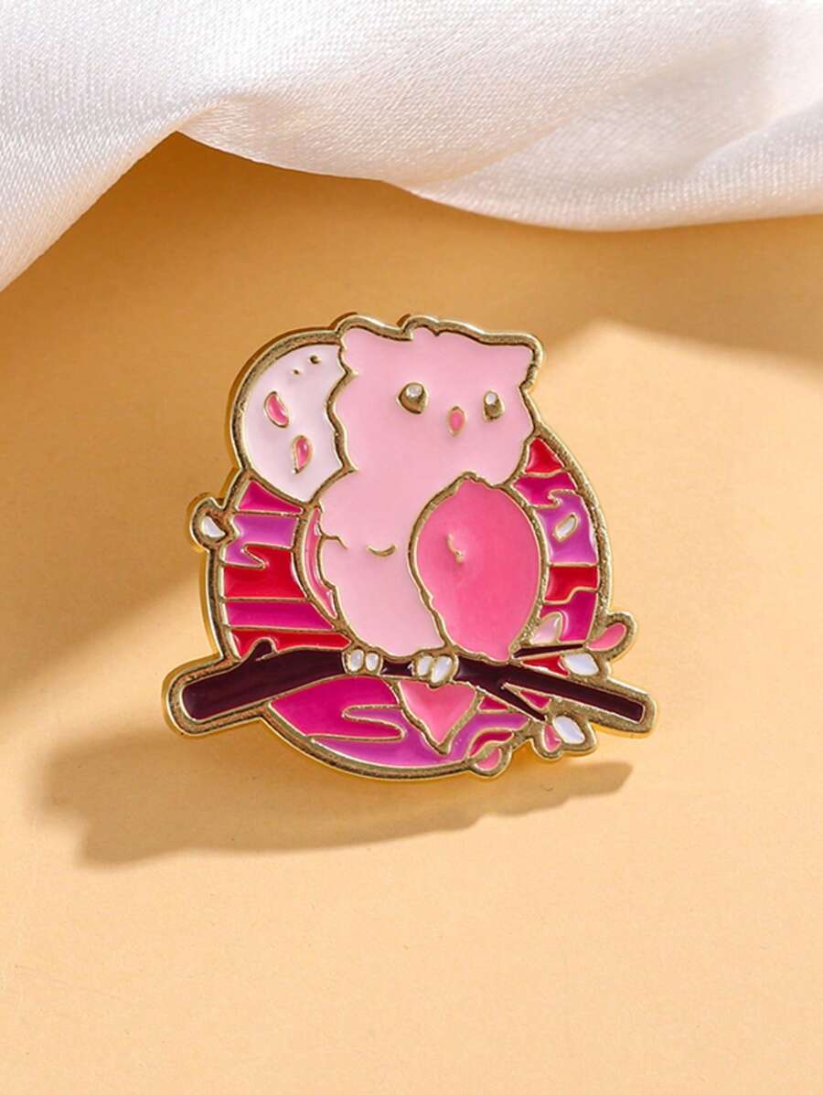 1pc Whimsical Night Creature Pin - Geometric Owl Design With Floral Mandala Backdrop In Blush Tones, Kawaii Forest Accessory