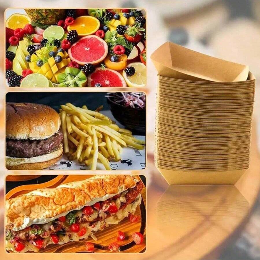 Yocity 30/50pcs Kraft Paper Food Trays Heavy-Duty Paper Food Boat Disposable Serving Basket Tray For French Fries Nachos Snack Hot Dog Taco BBQ Popcorn Party Picnic Wedding Party Brown