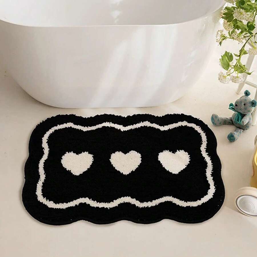 Flocked Minimalist Black & White Bathroom Floor Mat, Heart Shaped Bathroom Rug, Quick Dry Super Soft Fiber Non-Slip Washable Bath Mat, 1pc In Medium And Large Sizes For Bathroom, Kitchen And Shower Home Bathroom Decor Floor Carpet Outdoor Rug Door Mat Fall Decor Bathroom Accessories Back To School