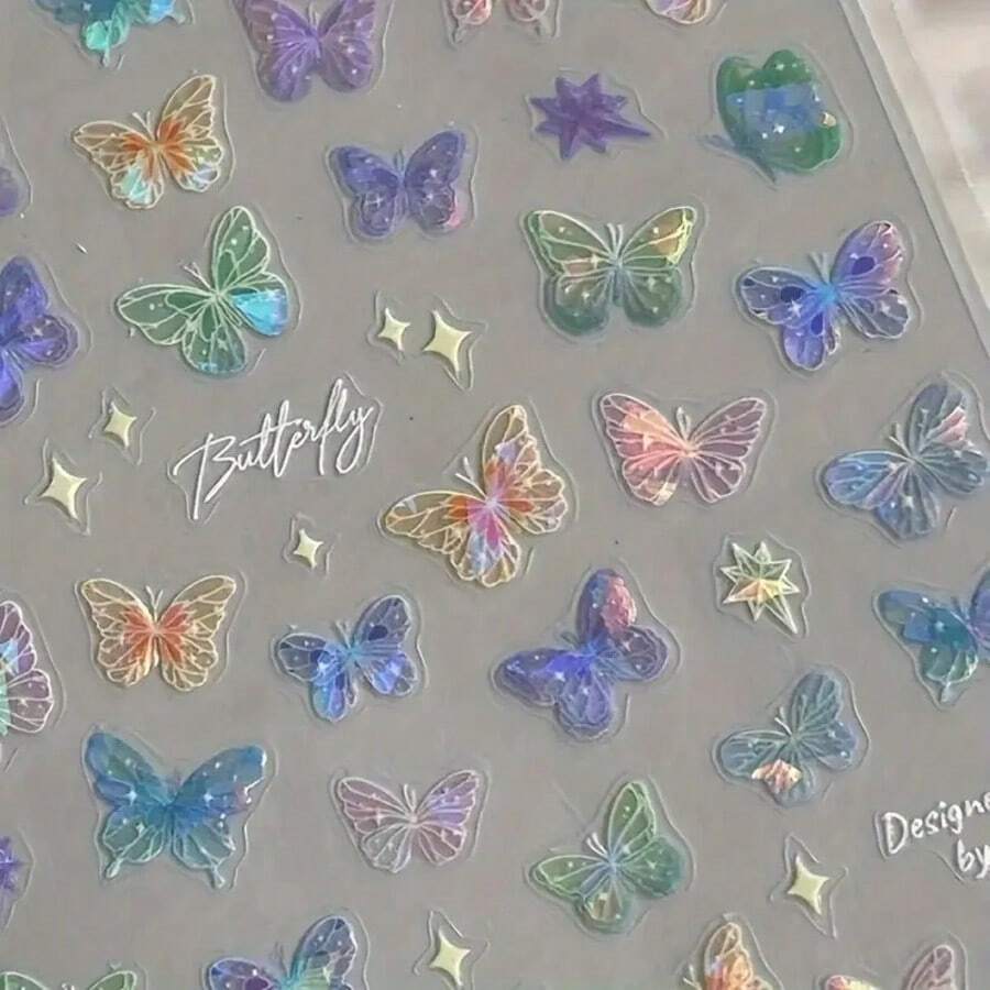 Iridescent Butterfly Nail Sticker, 1pc Glittering Decal For Nails, Self-Adhesive, One-Time Use, Animal Pattern