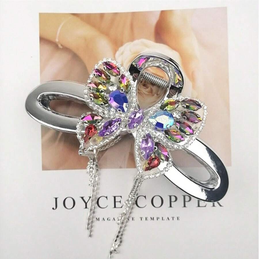 Elegant Rhinestone Bowknot Silver Large Hair Claw Clip, Fashion Women Shiny Crystal Hair Claw Accessory