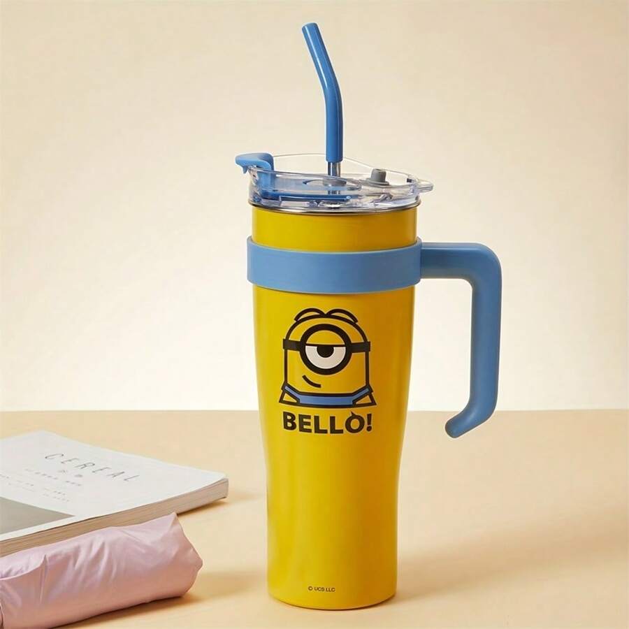Miniso Vaso de gran capacidad con aislamiento de los Minions, botella de agua portátil, taza de acero inoxidable con asa, tapa y pajita, 1600ml/54.11oz