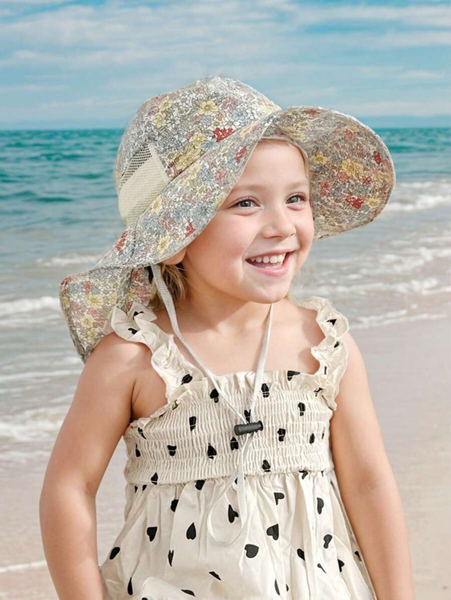 1pc Girl's New Ditsy Floral Pattern Sun Hat, Adjustable, With Windproof Strap & Breathable Mesh, Summer Beach Hat With Scarf For Kids