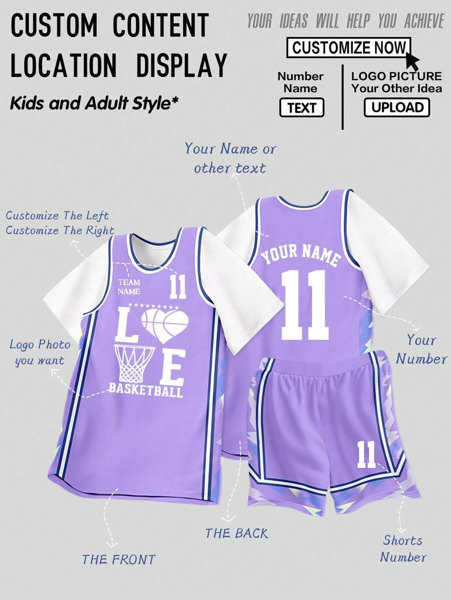 Set de 2 piezas personalizado para niños preadolescentes: Camiseta de baloncesto de manga corta + pantalones cortos con texto, número y logo impresos - Ropa deportiva para uso en equipo primavera/verano