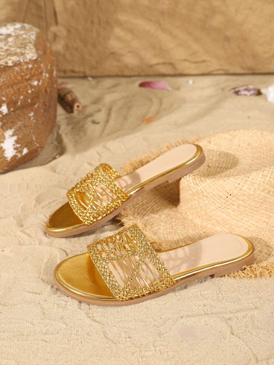 Sandalias planas para mujer con diseño tejido calado, cómodas sandalias casuales de playa con suela suave y flexible antideslizante con punta abierta
