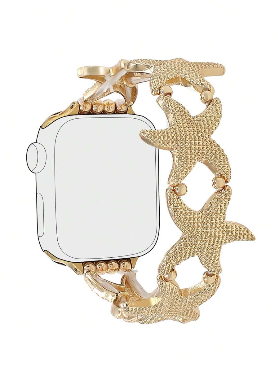 1pc Gold Women's Fashionable&Simple Starfish Zinc Alloy Metal Elastic Bracelet Strap Is Compatible With Apple Watch Band 38/40/41/42/44/45/49mm, Compatible With Apple Watch Ultra2/SE/9/8/7/6/5/4/3/2/1Series, Ocean Style Women Watchbands, Fine Women Fashion Watch Accessories, Smart Watch Strap/Band, Unique Personalized And Style Strap, Valentine's Day Mother's Day Gift